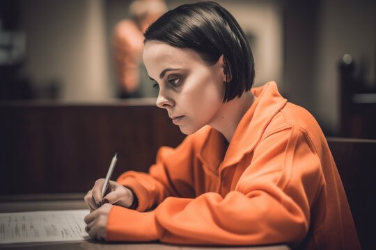 Illustration of a female prisoner in an orange jumpsuit sitting in a jail cell. The image is partly rendered as a drawing, giving it a unique and artistic touch . Generative Ai
