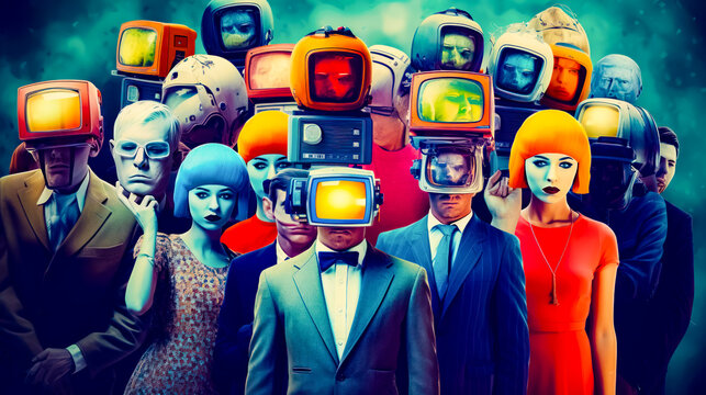 Group of people standing next to each other in front of television heads. Generative AI.