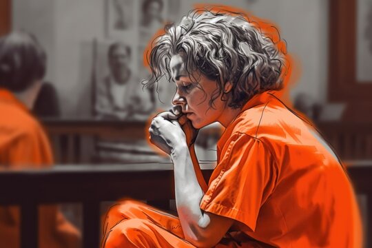 Illustration of a female prisoner in an orange jumpsuit sitting in a jail cell. The image is partly rendered as a drawing, giving it a unique and artistic touch . Generative Ai