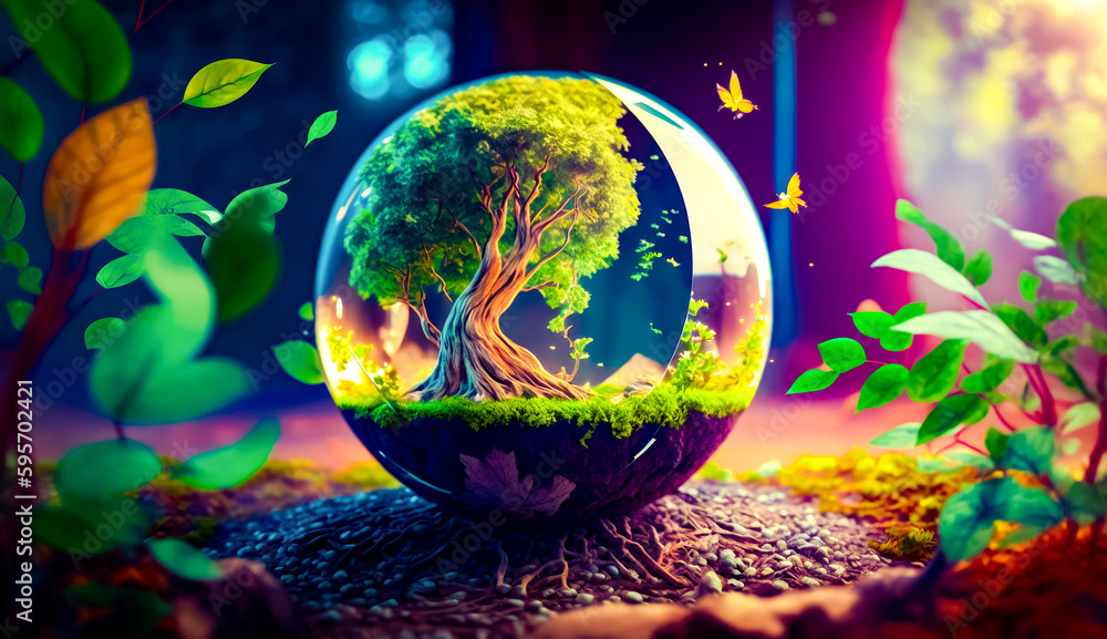 Poster glass ball with tree inside of it on top of rock. generative ai.