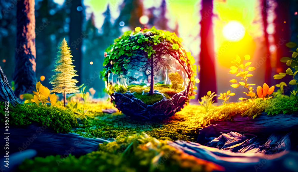 Poster glass ball in the middle of forest filled with grass and trees. generative ai.