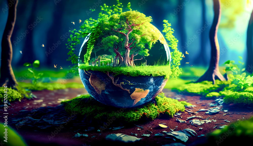 Aufkleber glass ball with tree inside of it on top of table. generative ai.