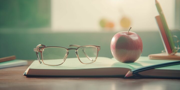 realistic teacher-themed background, closeup of a wooden teacher's desk, in the background a blackboard, Generative IA
