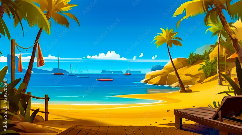 Poster painting of beach with bench and palm trees in the foreground. generative ai.