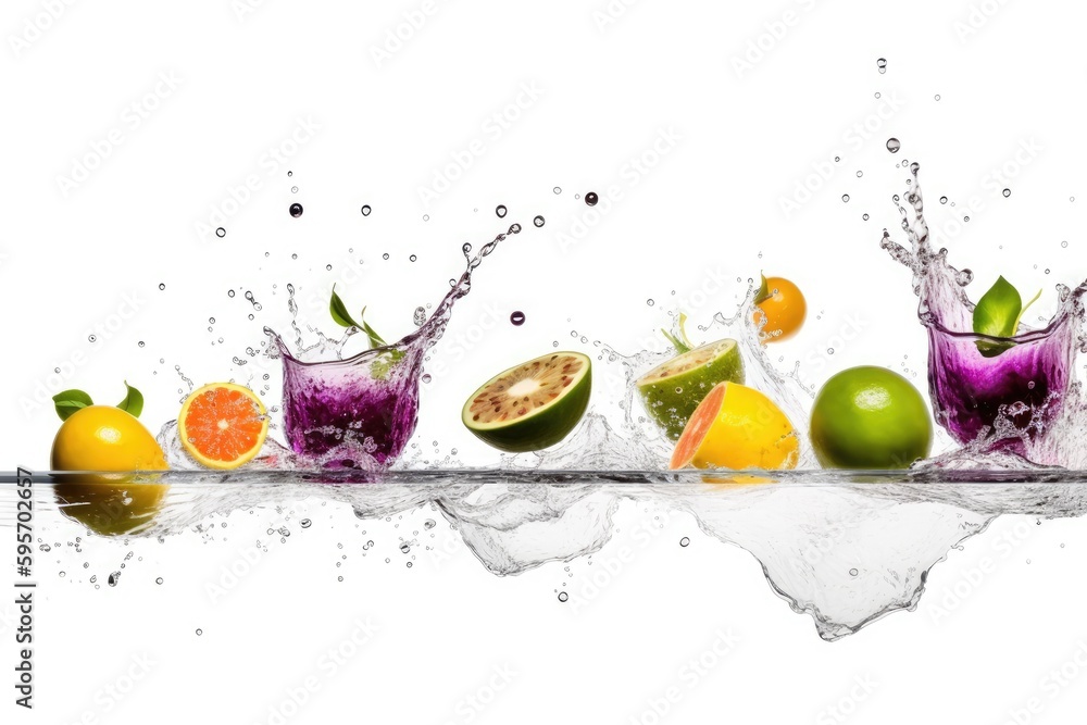 Poster various fruits falling into water and creating splashes. generative ai