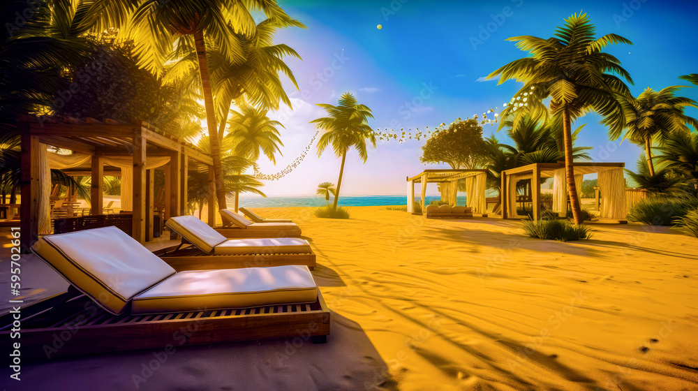 Poster beach scene with lounge chairs and string of lights hanging over the beach. generative ai.