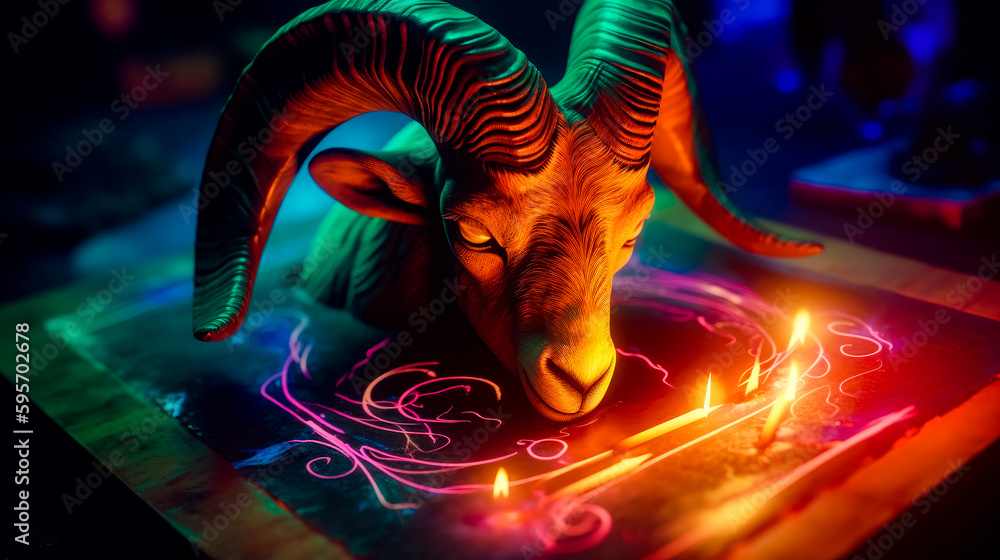Poster goat that is sitting on table with candle in its mouth. generative ai.