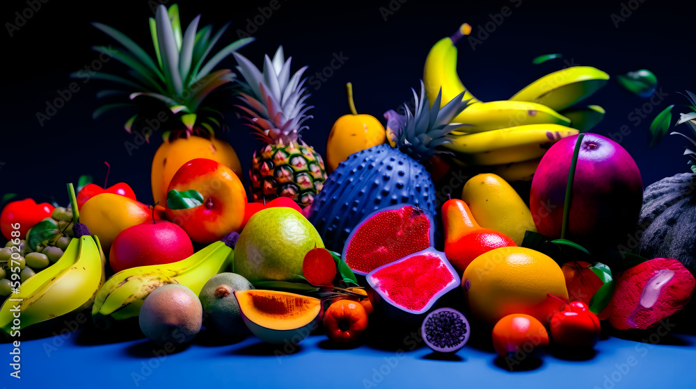 Poster pile of different types of fruit on blue surface with black background. generative ai.