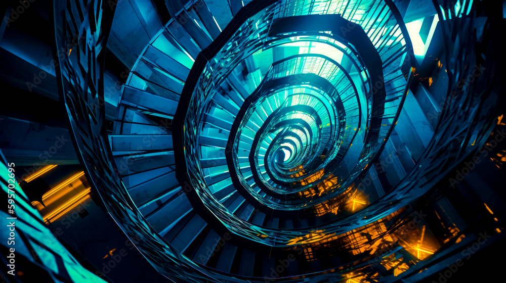 Poster spiral staircase in the middle of building with bright lights on it. generative ai.