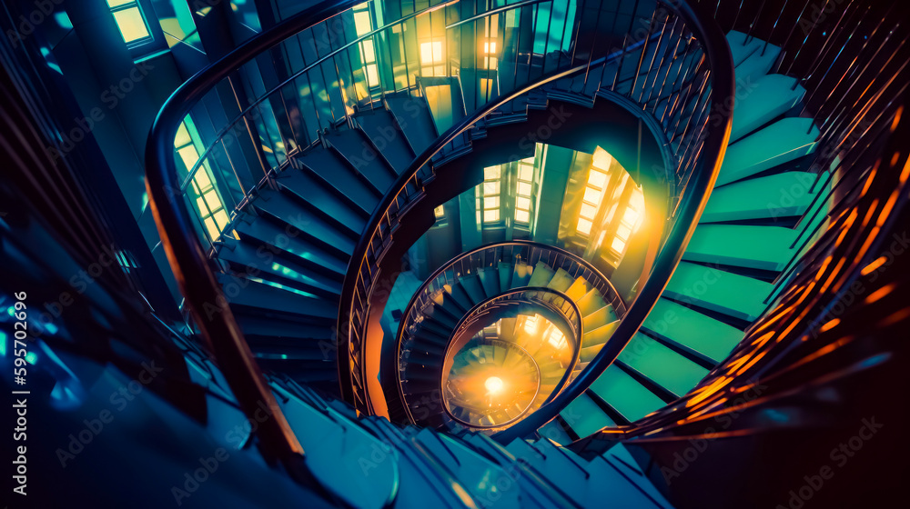 Poster spiral staircase in building lit up by light from window. generative ai.