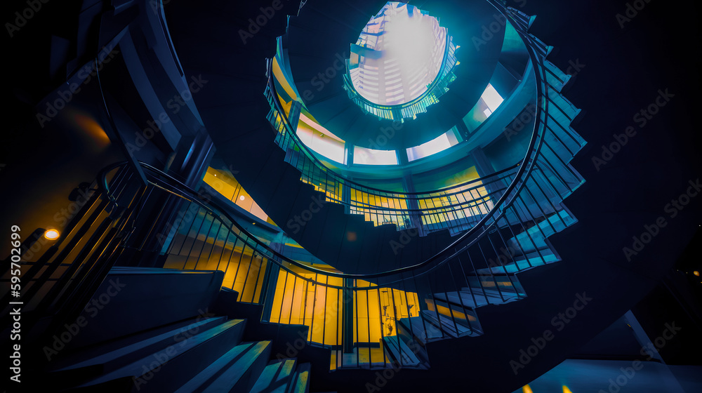 Aufkleber spiral staircase in building lit up by light from window. generative ai.