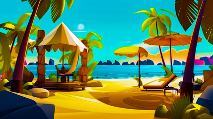 Tropical beach with lounge chairs and umbrellas on the sand near the ocean. Generative AI.