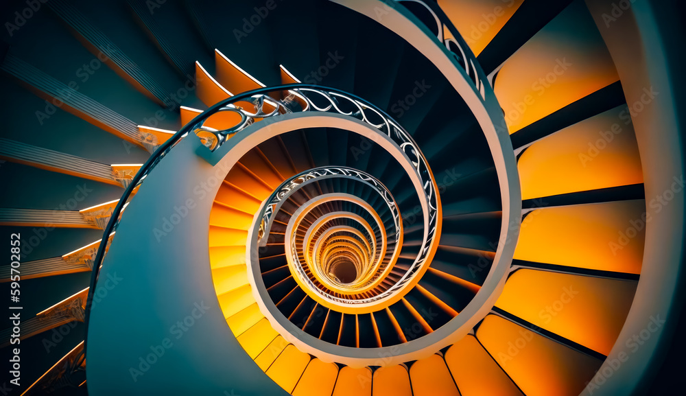 Poster spiral staircase in building with yellow and blue spiral design on it. generative ai.