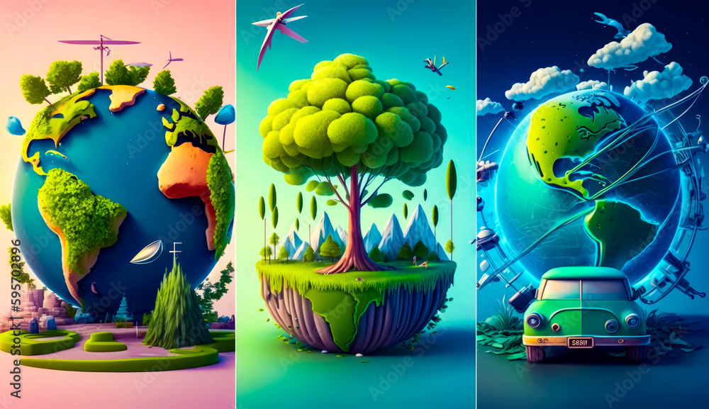 Poster series of three different images of tree, bus, and planet. generative ai.