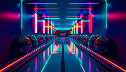 Bowling alley with neon lights and bowling ball in the middle of it. Generative AI. - obrazy, fototapety, plakaty