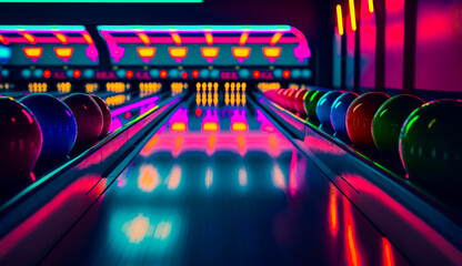 Bowling alley with neon lights and bowling balls on the bowling alley floor. Generative AI.