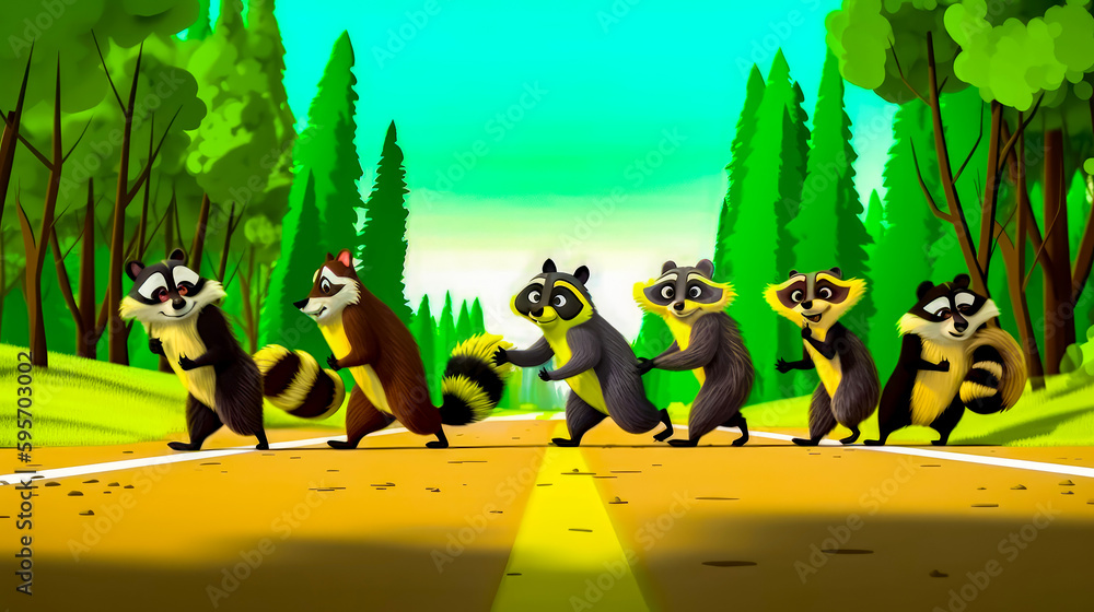 Poster group of raccoons are dancing on road in front of some trees. generative ai.