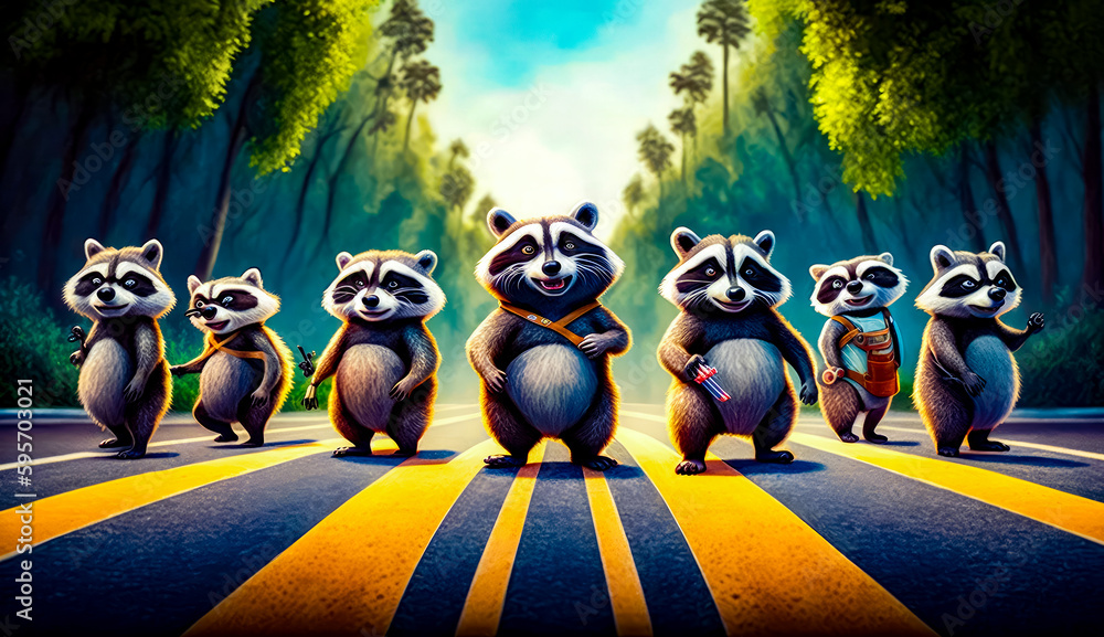 Poster group of raccoons standing on the side of road in front of forest. generative ai.