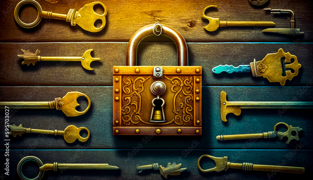 Aufkleber bunch of keys and lock on wooden table with lock on it. generative ai.