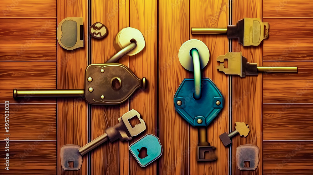 Aufkleber bunch of different types of keys on wooden surface with lock. generative ai.