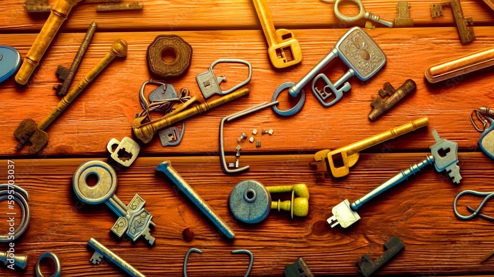 Aufkleber wooden table topped with lots of different types of keys and locks on top of it. generative ai.