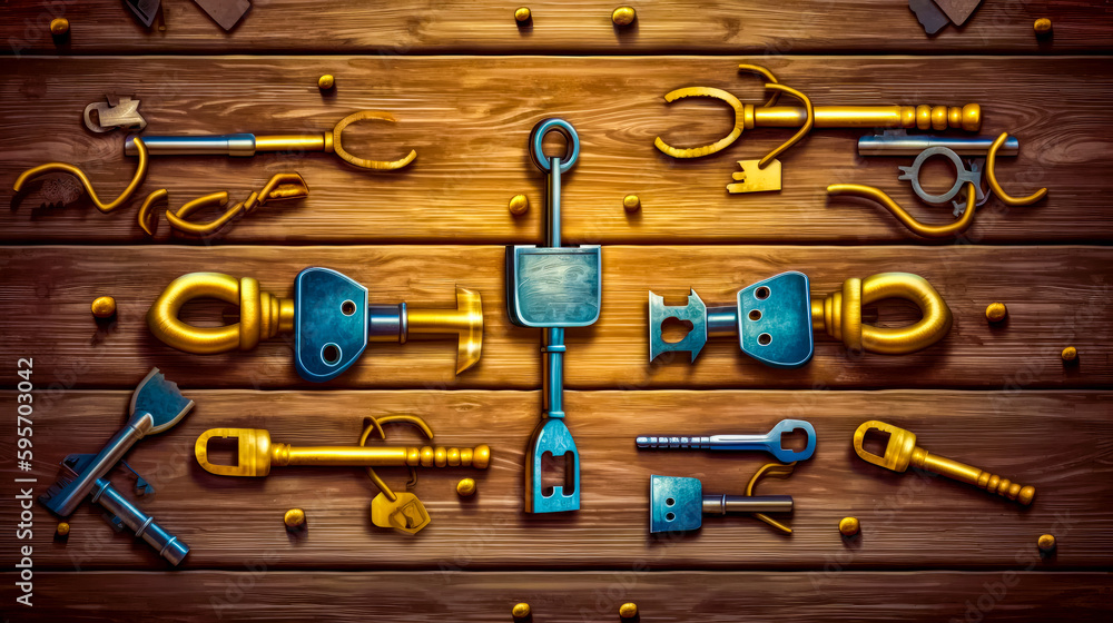 Aufkleber bunch of tools that are sitting on wooden table with some keys. generative ai.