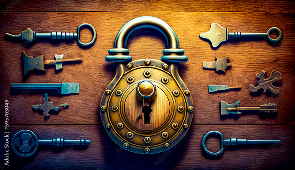 Poster golden padlock on top of wooden table filled with different types of keys. generative ai.