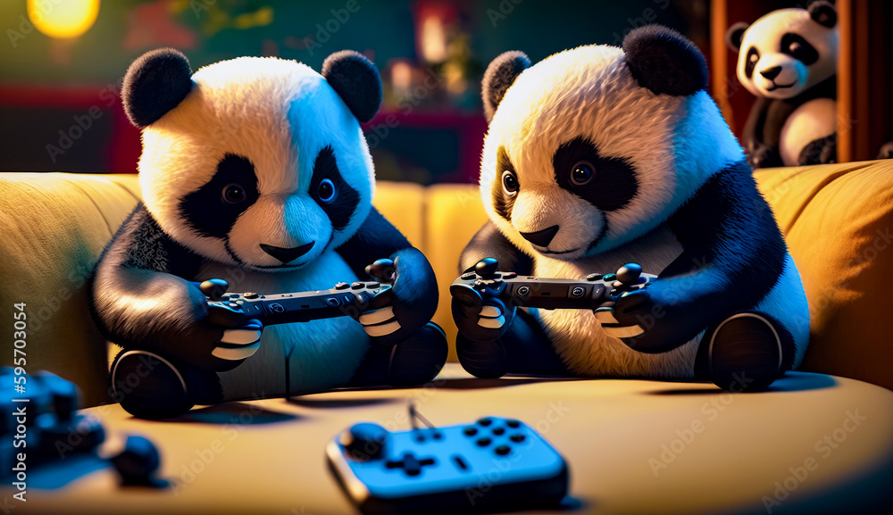 Poster couple of panda bears sitting next to each other holding video game controllers. generative ai.