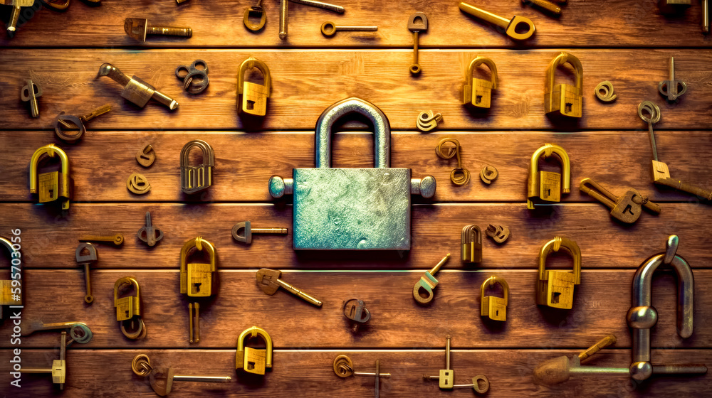 Poster bunch of different types of locks on wooden wall with padlock. generative ai.