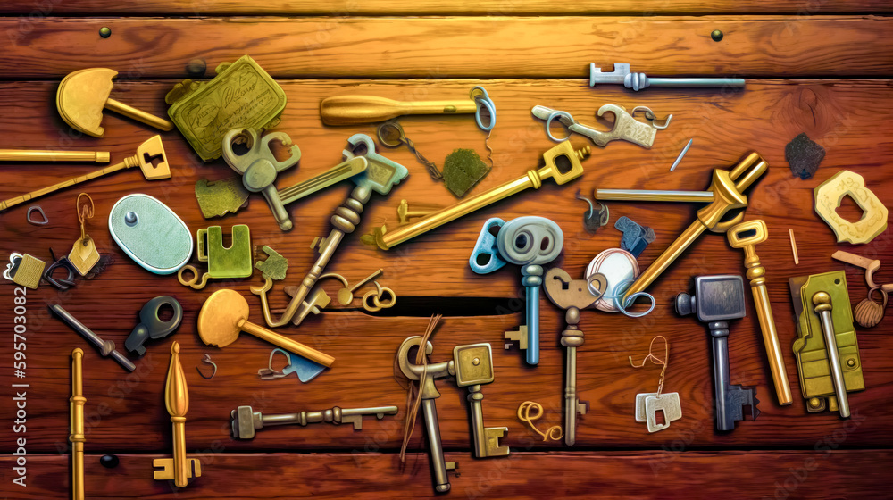 Aufkleber bunch of keys that are laying on wooden table with keychain. generative ai.