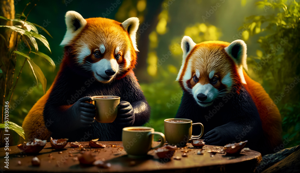 Aufkleber couple of red pandas sitting at table with cups of coffee. generative ai.