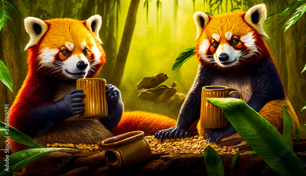 Aufkleber couple of red pandas sitting next to each other in forest. generative ai.