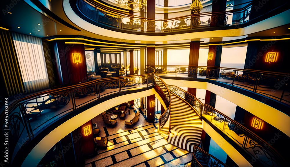 Poster spiral staircase in the middle of large room with lot of windows. generative ai.