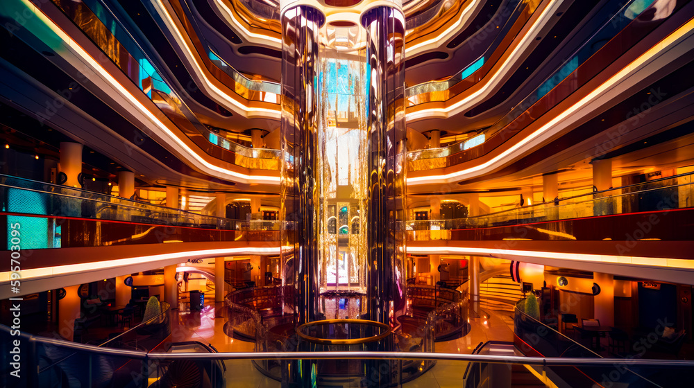 Aufkleber the inside of cruise ship with large clock on it's side. generative ai.