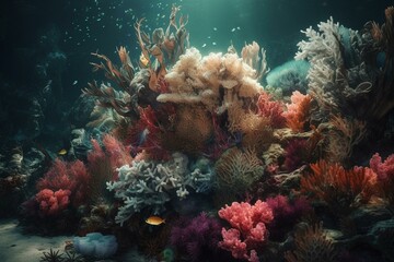 A colorful digital artwork of a coral reef teeming with fish. Generative AI