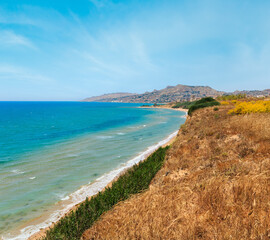 Naklejka na ściany i meble Paradise sea bay with azure water and beach. View from coastline, Torre di Gaffe, Agrigento, Sicily, Italy
