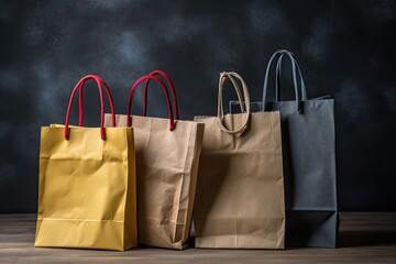 three bags of different colors arranged on a wooden table. Generative AI