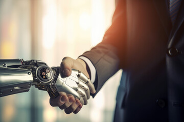 A businessman shaking hands with a robot hand by generative AI