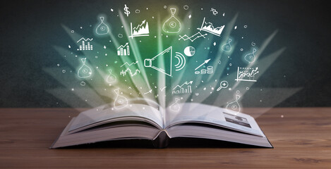 Open book with profit icons above