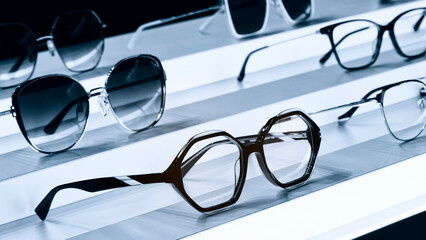 Sunglasses and glasses sale concept.  Stylish eyeglasses background.