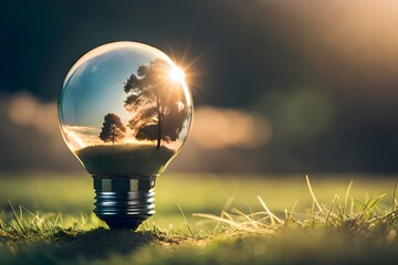 light bulb in the grass with nature inside, Generative AI