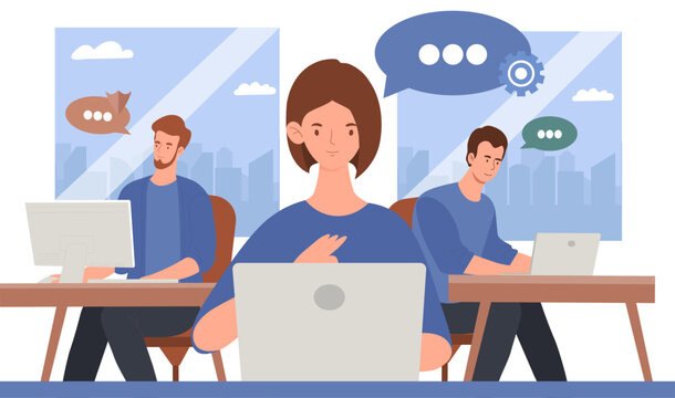 Technical support concept. Men and woman at laptops answer customer questions. Feedback and remote consultations, advice. Call processing system and hot line. Cartoon flat vector illustration