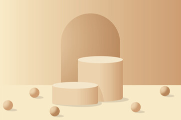Beige podium or pedestal. Place for presentation of cosmetic products. Marketing and advertising. Stand or stage to show goods. Round scene or showcase. Realistic 3D vector illustration