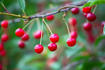 Branch with ripe red juicy cherries on a tree in a garden.