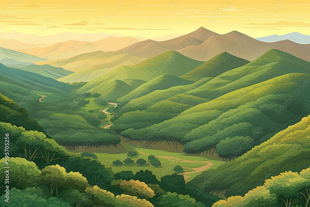 Canvas Prints lush green valley with majestic mountains in the distance. Generative AI