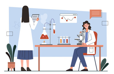 Researchers in lab. Women in medical gowns with microscope analyze test tubes and chemicals. Doctors and scientists develop drugs.