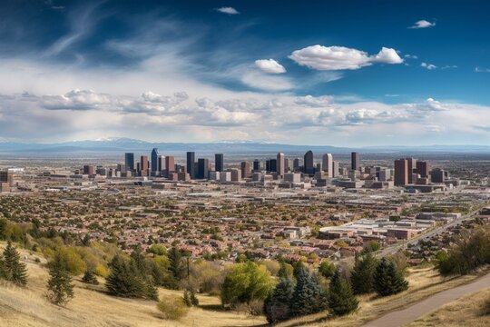 Panoramic view of Denver, Colorado skyline taken from Red Rocks Amphitheatre. Generative AI