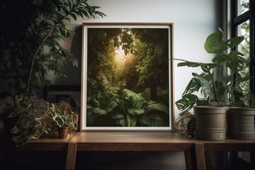 A gold-framed poster on a wooden table surrounded by greenery against a white wall. Generative AI