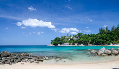 Fototapeta na wymiar A beautiful panoramic beach named Leam Singh in bright turquoise blue sea water on Phuket in Thailand II
