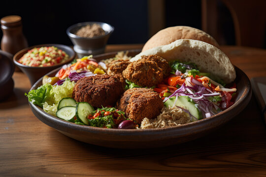 Crispy fried falafels inside a hot pita with salad and pickles and garlic chili sauce, amazingly detailed, food photography. made with ai
